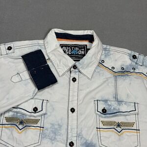 Austin Season Western Snap Shirt Mens 2XL XXL White Embroidered Stretch Slim